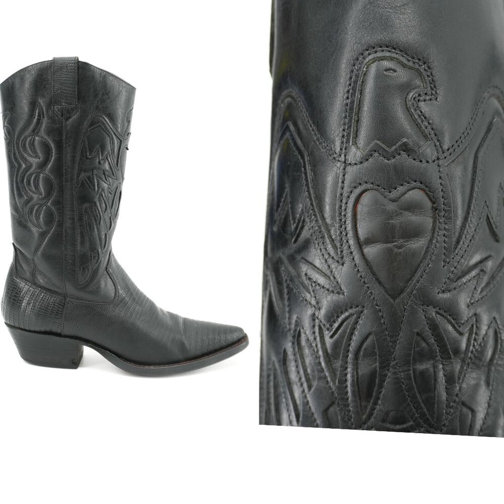 Vintage Cowgirl Boots Size 7.5 Eagle HEART Black Western Leather Cowboy Boots